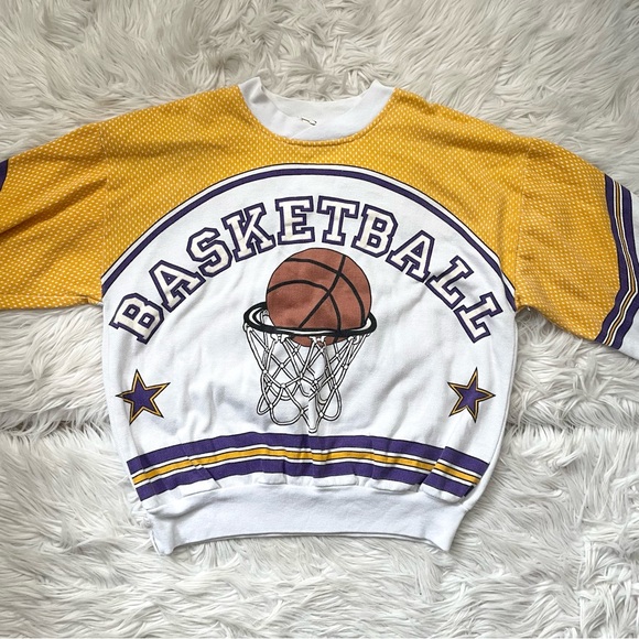 VTG 80s Basketball Slam Dunk all over print sweatshirt Lakers grunge emo indie M - Picture 6 of 10